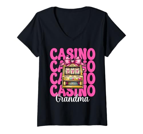Damen Casino Grandma Nana Spielautomat 777 Coquette Bow T-Shirt mit V-Ausschnitt von Womens Pink Coquette Bow Slot Machine Casino Gifts