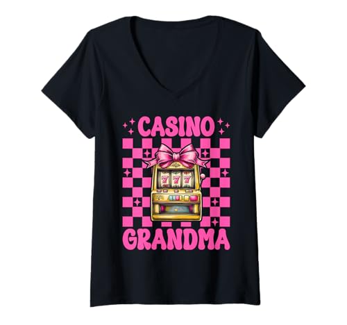 Damen Casino Grandma Nana Spielautomat 777 Coquette Bow T-Shirt mit V-Ausschnitt von Womens Pink Coquette Bow Slot Machine Casino Gifts