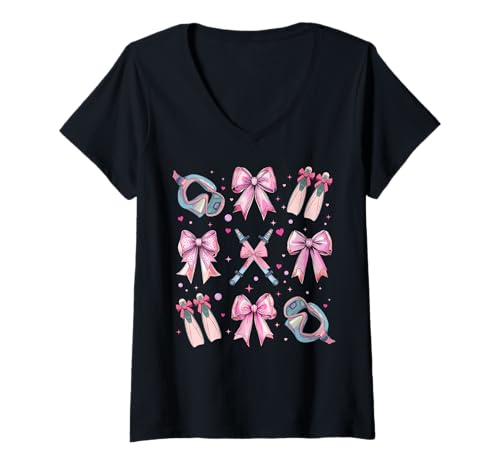 Damen Schnorcheln Schnorchel Schnorchel Mädchen Kokette Schleife Rosa Mama T-Shirt mit V-Ausschnitt von Womens Pink Coquette Bow Snorkeling Snorkel Gifts