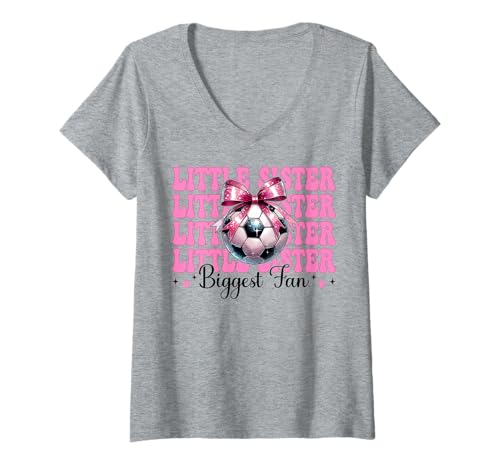 Damen Fußball Schwester Fußball Mädchen Kokette Kleine Schwester Größter Fan T-Shirt mit V-Ausschnitt von Womens Pink Coquette Bow Soccer Player Gifts