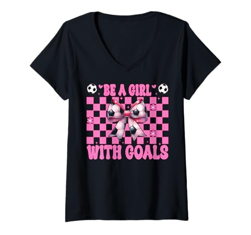 Damen Fußballmädchen Mama Mama Muttertag Sei ein Mädchen mit Toren T-Shirt mit V-Ausschnitt von Womens Pink Coquette Bow Soccer Player Gifts