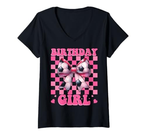 Damen Geburtstag Mädchen Fußball Mädchen Fußball Mama Kokette Schleife T-Shirt mit V-Ausschnitt von Womens Pink Coquette Bow Soccer Player Gifts