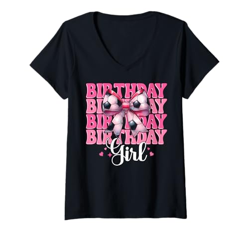 Damen Geburtstag Mädchen Fußball Mädchen Fußball Mama Kokette Schleife T-Shirt mit V-Ausschnitt von Womens Pink Coquette Bow Soccer Player Gifts
