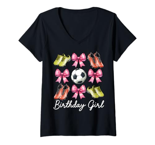 Damen Geburtstag Mädchen Fußball Mädchen Fußball Mama Rosa Kokette Schleife T-Shirt mit V-Ausschnitt von Womens Pink Coquette Bow Soccer Player Gifts