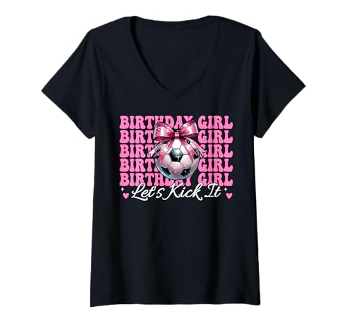 Damen Geburtstag Mädchen Let's Kick It Soccer Girl Mom Mama Kokette T-Shirt mit V-Ausschnitt von Womens Pink Coquette Bow Soccer Player Gifts