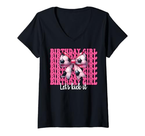 Damen Geburtstag Mädchen Let's Kick It Soccer Girl Mom Mama Kokette T-Shirt mit V-Ausschnitt von Womens Pink Coquette Bow Soccer Player Gifts