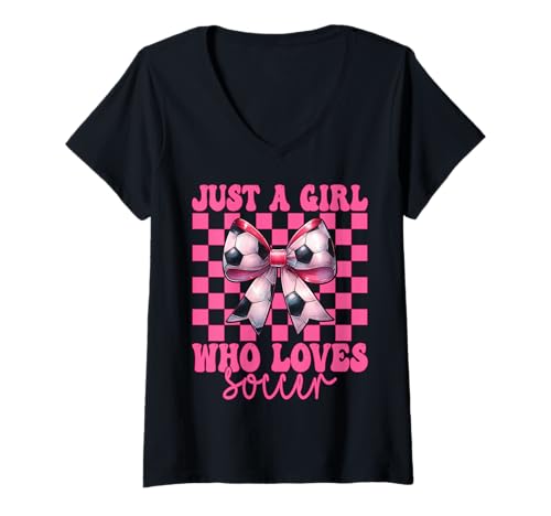 Damen Just A Girl Who Loves Soccer Kokettschleife T-Shirt mit V-Ausschnitt von Womens Pink Coquette Bow Soccer Player Gifts