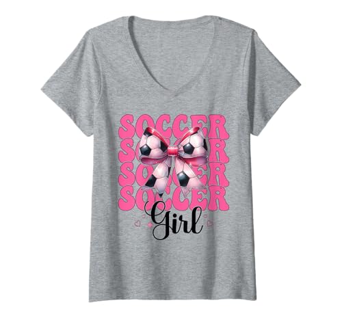 Damen Soccer Girl Soccer Mom Mama Muttertag Rosa Kokette Schleife T-Shirt mit V-Ausschnitt von Womens Pink Coquette Bow Soccer Player Gifts