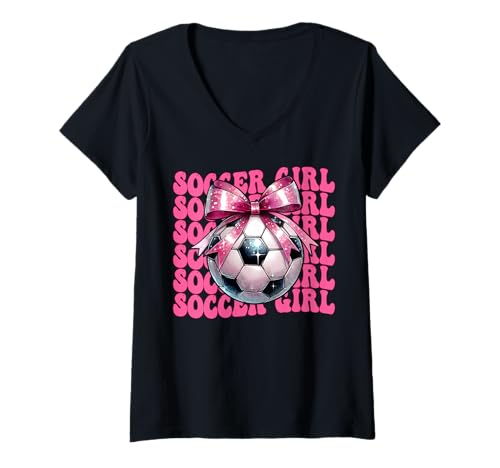 Damen Soccer Girl Soccer Mom Mama Muttertag Rosa Kokette Schleife T-Shirt mit V-Ausschnitt von Womens Pink Coquette Bow Soccer Player Gifts