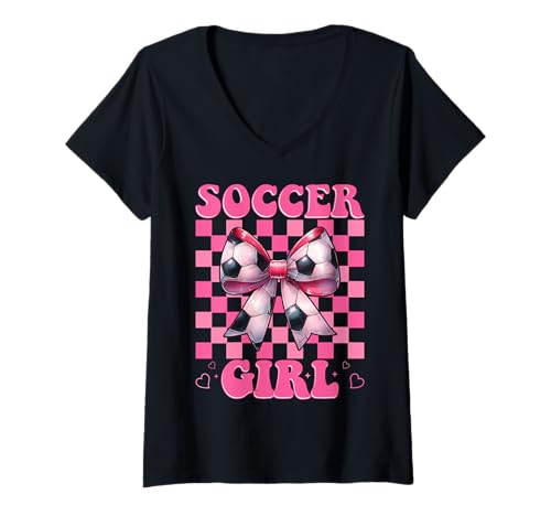 Damen Soccer Girl Soccer Mom Mama Muttertag Rosa Kokette Schleife T-Shirt mit V-Ausschnitt von Womens Pink Coquette Bow Soccer Player Gifts