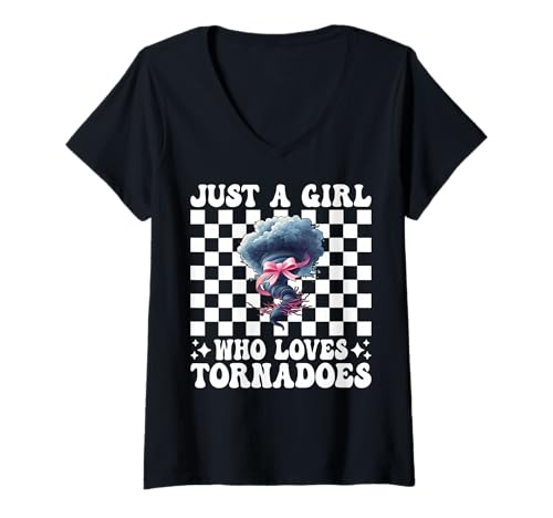Damen Nur EIN Mädchen, das Tornados liebt Storm Chaser Storm Chasing T-Shirt mit V-Ausschnitt von Womens Pink Coquette Bow Storm Chaser Gifts