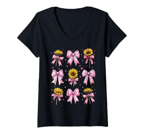 Damen Sonnenblumen-Blumenmädchen, Kokette Schleife, Rosa, Hippie, Boho, Mama T-Shirt mit V-Ausschnitt Damen Sonnenblumen-Blumenmädchen, Kokette Schleife, Rosa, Hippie, Boho, Mama T-Shirt mit V-Ausschnitt von Womens Pink Coquette Bow Sunflower Flower Gifts