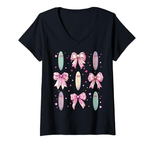 Damen Surfen Surfbrett Surfboarder Surfer Girl Coquette Schleife Rosa T-Shirt mit V-Ausschnitt Damen Surfen Surfbrett Surfboarder Surfer Girl Coquette Schleife Rosa T-Shirt mit V-Ausschnitt von Womens Pink Coquette Bow Surfing Surfboard Gifts