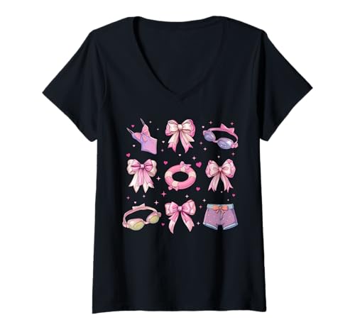 Damen Schwimmer Schwimmen Mädchen Kokette Schleife Rosa Mama T-Shirt mit V-Ausschnitt von Womens Pink Coquette Bow Swimming Swimmer Gifts