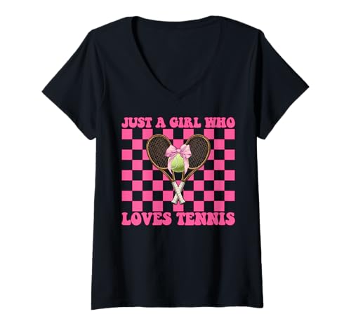 Damen Just A Girl Who Loves Tennis Mom Tennis Mama Muttertag T-Shirt mit V-Ausschnitt Damen Just A Girl Who Loves Tennis Mom Tennis Mama Muttertag T-Shirt mit V-Ausschnitt von Womens Pink Coquette Bow Tennis Player Gifts