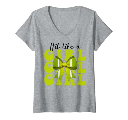 Damen Lustiger Tennis-Mädchen-Tennis-Mutter Muttertags-Hit wie ein Mädchen T-Shirt mit V-Ausschnitt Damen Lustiger Tennis-Mädchen-Tennis-Mutter Muttertags-Hit wie ein Mädchen T-Shirt mit V-Ausschnitt von Womens Pink Coquette Bow Tennis Player Gifts