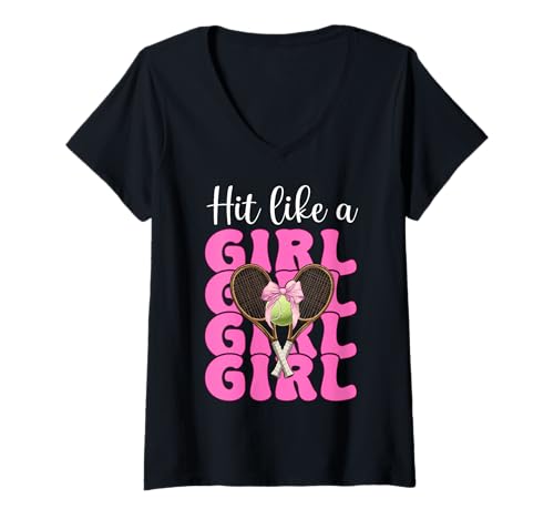 Damen Lustiger Tennis-Mädchen-Tennis-Mutter Muttertags-Hit wie ein Mädchen T-Shirt mit V-Ausschnitt von Womens Pink Coquette Bow Tennis Player Gifts
