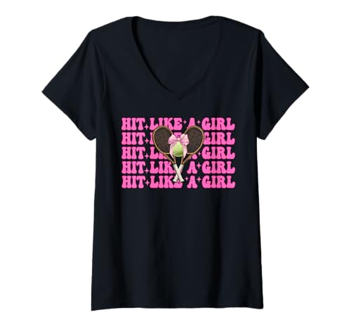 Damen Lustiger Tennis-Mädchen-Tennis-Mutter Muttertags-Hit wie ein Mädchen T-Shirt mit V-Ausschnitt von Womens Pink Coquette Bow Tennis Player Gifts
