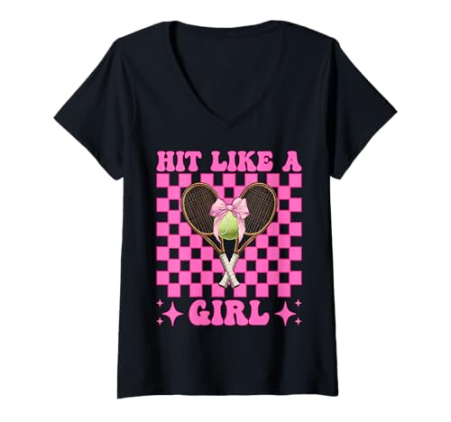Damen Lustiger Tennis-Mädchen-Tennis-Mutter Muttertags-Hit wie ein Mädchen T-Shirt mit V-Ausschnitt von Womens Pink Coquette Bow Tennis Player Gifts