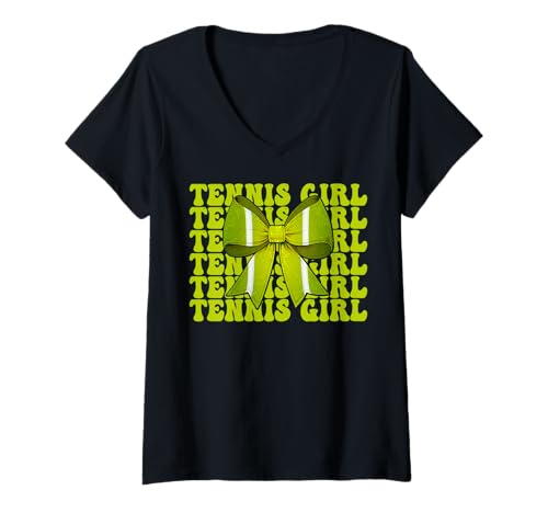 Damen Tennis Girl Tennis Mom Mama Muttertag Rosa Kokette Schleife T-Shirt mit V-Ausschnitt Damen Tennis Girl Tennis Mom Mama Muttertag Rosa Kokette Schleife T-Shirt mit V-Ausschnitt von Womens Pink Coquette Bow Tennis Player Gifts