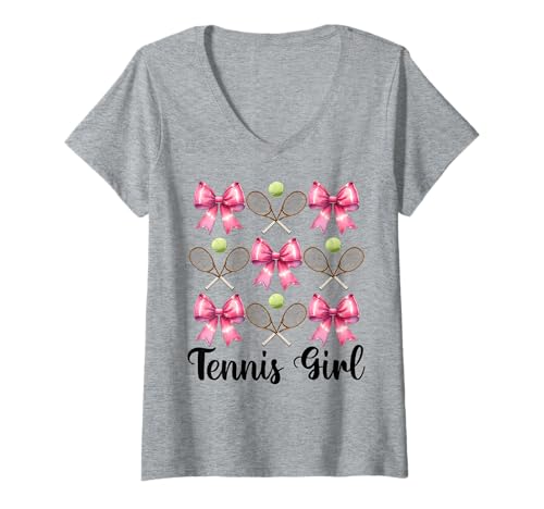 Damen Tennis Girl Tennis Mom Mama Muttertag Rosa Kokette Schleife T-Shirt mit V-Ausschnitt Damen Tennis Girl Tennis Mom Mama Muttertag Rosa Kokette Schleife T-Shirt mit V-Ausschnitt von Womens Pink Coquette Bow Tennis Player Gifts