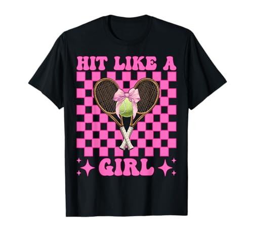 Lustiger Tennis-Mädchen-Tennis-Mutter Muttertags-Hit wie ein Mädchen T-Shirt von Womens Pink Coquette Bow Tennis Player Gifts