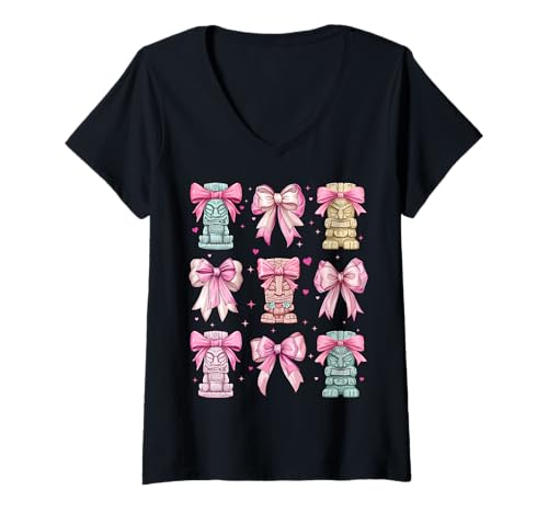 Damen Tiki Luau Hawaii Hawaii Tiki Maske Mädchen Kokette Schleife Rosa T-Shirt mit V-Ausschnitt von Womens Pink Coquette Bow Tiki Luau Gifts
