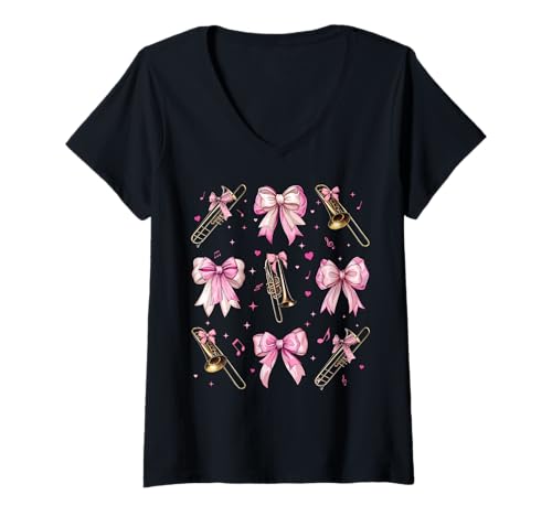 Damen Posauneninstrument Posaunist Mädchen Kokette Bogen Rosa Mama T-Shirt mit V-Ausschnitt Damen Posauneninstrument Posaunist Mädchen Kokette Bogen Rosa Mama T-Shirt mit V-Ausschnitt von Womens Pink Coquette Bow Trombone Instrument Gifts