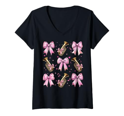 Damen Tubinstrument Tubist Girl Coquette Bow Pink Mom T-Shirt mit V-Ausschnitt Damen Tubinstrument Tubist Girl Coquette Bow Pink Mom T-Shirt mit V-Ausschnitt von Womens Pink Coquette Bow Tuba Instrument Gifts