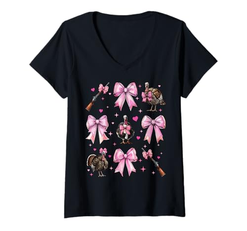 Damen Türkei Jagd Truthahn Jäger Mädchen Kokette Schleife Rosa Mama T-Shirt mit V-Ausschnitt von Womens Pink Coquette Bow Turkey Hunting Gifts