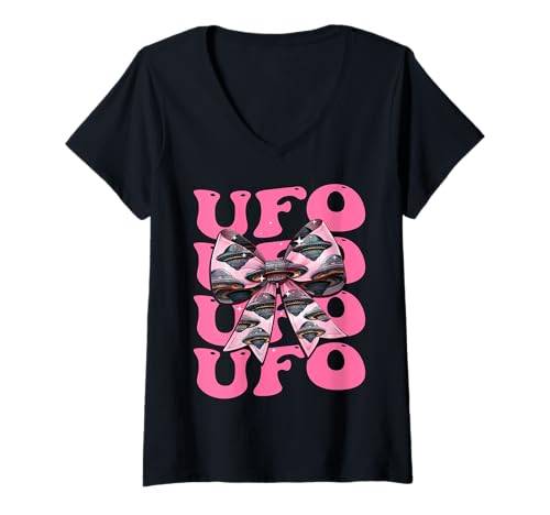 Damen Kokette Schleife Ufo fliegende Untertasse Außerirdische Mädchen Mama T-Shirt mit V-Ausschnitt Damen Kokette Schleife Ufo fliegende Untertasse Außerirdische Mädchen Mama T-Shirt mit V-Ausschnitt von Womens Pink Coquette Bow Ufo Flying Saucer Gifts