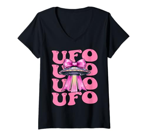 Damen Kokette Schleife Ufo fliegende Untertasse Außerirdische Mädchen Mama T-Shirt mit V-Ausschnitt Damen Kokette Schleife Ufo fliegende Untertasse Außerirdische Mädchen Mama T-Shirt mit V-Ausschnitt von Womens Pink Coquette Bow Ufo Flying Saucer Gifts