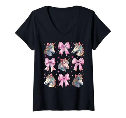 Damen Einhorn Regenbogen Mädchen Kokette Schleife Rosa Mama T-Shirt mit V-Ausschnitt von Womens Pink Coquette Bow Unicorn Rainbow Gifts