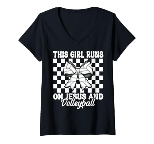 Damen Dieses Mädchen läuft auf Jesus und Volleyball-Mädchen Christian Pink T-Shirt mit V-Ausschnitt Damen Dieses Mädchen läuft auf Jesus und Volleyball-Mädchen Christian Pink T-Shirt mit V-Ausschnitt von Womens Pink Coquette Bow Volleyball Player Gifts