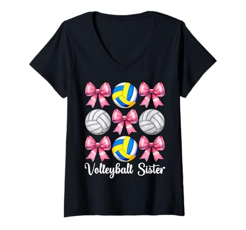 Damen Volleyball Schwester Volleyball Mädchen Rosa Kokette Schleife T-Shirt mit V-Ausschnitt Damen Volleyball Schwester Volleyball Mädchen Rosa Kokette Schleife T-Shirt mit V-Ausschnitt von Womens Pink Coquette Bow Volleyball Player Gifts