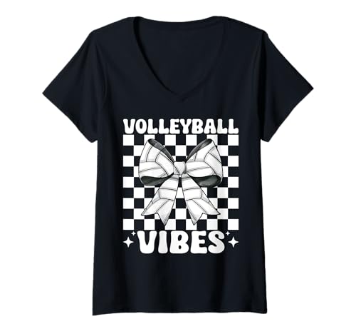 Damen Volleyball Vibes Volleyball Mädchen Volleyball Mama Muttertag T-Shirt mit V-Ausschnitt Damen Volleyball Vibes Volleyball Mädchen Volleyball Mama Muttertag T-Shirt mit V-Ausschnitt von Womens Pink Coquette Bow Volleyball Player Gifts
