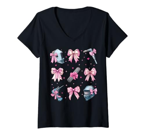Damen Schweißer Weld Girl Coquette Bow Pink Mom T-Shirt mit V-Ausschnitt Damen Schweißer Weld Girl Coquette Bow Pink Mom T-Shirt mit V-Ausschnitt von Womens Pink Coquette Bow Welding Welder Gifts