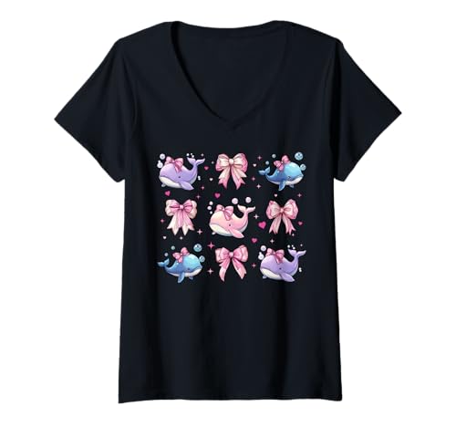 Damen Wal Ozean Tier Mädchen Kokette Schleife Rosa Mama T-Shirt mit V-Ausschnitt von Womens Pink Coquette Bow Whale Ocean Animal Gifts