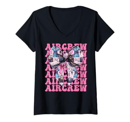Damen Aircrew Flug Krankenschwester Flug Sanitäter Sanitäter Mädchen Kokette T-Shirt mit V-Ausschnitt Damen Aircrew Flug Krankenschwester Flug Sanitäter Sanitäter Mädchen Kokette T-Shirt mit V-Ausschnitt von Womens Pink Coquette Ribbon Flight Nurse Gifts