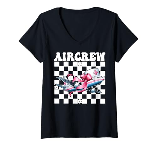 Damen Aircrew Flug Krankenschwester Flug Sanitäter Sanitäter Mädchen Kokette T-Shirt mit V-Ausschnitt Damen Aircrew Flug Krankenschwester Flug Sanitäter Sanitäter Mädchen Kokette T-Shirt mit V-Ausschnitt von Womens Pink Coquette Ribbon Flight Nurse Gifts