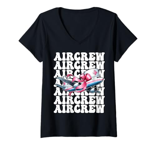Damen Aircrew Flug Krankenschwester Flug Sanitäter Sanitäter Mädchen Kokette T-Shirt mit V-Ausschnitt Damen Aircrew Flug Krankenschwester Flug Sanitäter Sanitäter Mädchen Kokette T-Shirt mit V-Ausschnitt von Womens Pink Coquette Ribbon Flight Nurse Gifts