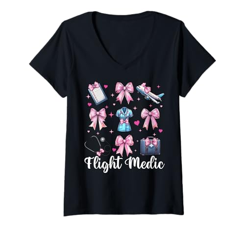 Damen Flight Medic Flight Nurse Sanitäter Mädchen Mama Kokette Bogen T-Shirt mit V-Ausschnitt Damen Flight Medic Flight Nurse Sanitäter Mädchen Mama Kokette Bogen T-Shirt mit V-Ausschnitt von Womens Pink Coquette Ribbon Flight Nurse Gifts