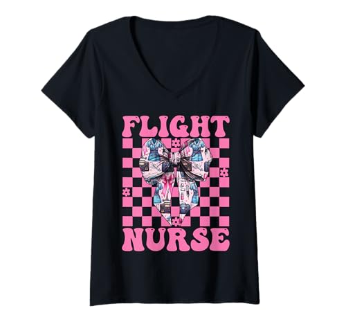 Damen Flug Krankenschwester Krankenpflege Flug Sanitäter Sanitäter Mädchen Kokette T-Shirt mit V-Ausschnitt Damen Flug Krankenschwester Krankenpflege Flug Sanitäter Sanitäter Mädchen Kokette T-Shirt mit V-Ausschnitt von Womens Pink Coquette Ribbon Flight Nurse Gifts