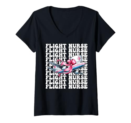 Damen Flug Krankenschwester Krankenpflege Flug Sanitäter Sanitäter Mädchen Kokette T-Shirt mit V-Ausschnitt Damen Flug Krankenschwester Krankenpflege Flug Sanitäter Sanitäter Mädchen Kokette T-Shirt mit V-Ausschnitt von Womens Pink Coquette Ribbon Flight Nurse Gifts