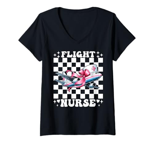 Damen Flug Krankenschwester Krankenpflege Flug Sanitäter Sanitäter Mädchen Kokette T-Shirt mit V-Ausschnitt Damen Flug Krankenschwester Krankenpflege Flug Sanitäter Sanitäter Mädchen Kokette T-Shirt mit V-Ausschnitt von Womens Pink Coquette Ribbon Flight Nurse Gifts