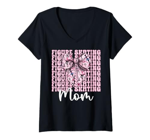 Damen Eiskunstlauf Mama Eiskunstlauf Eiskunstlauf Muttertag T-Shirt mit V-Ausschnitt von Womens Pink Coquette Ribbon Ice Skater Gifts