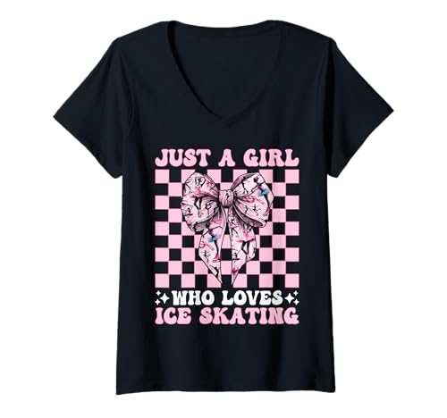 Damen Just a Girl Who Loves Ice Skating Eiskunstlauf Eisläuferin T-Shirt mit V-Ausschnitt Damen Just a Girl Who Loves Ice Skating Eiskunstlauf Eisläuferin T-Shirt mit V-Ausschnitt von Womens Pink Coquette Ribbon Ice Skater Gifts