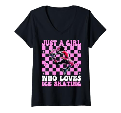 Damen Just a Girl Who Loves Ice Skating Eiskunstlauf Eisläuferin T-Shirt mit V-Ausschnitt Damen Just a Girl Who Loves Ice Skating Eiskunstlauf Eisläuferin T-Shirt mit V-Ausschnitt von Womens Pink Coquette Ribbon Ice Skater Gifts