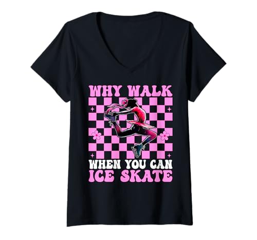 Damen Warum Laufen, wenn Sie Eiskunstlauf Eiskunstlauf Eislaufen können T-Shirt mit V-Ausschnitt von Womens Pink Coquette Ribbon Ice Skater Gifts