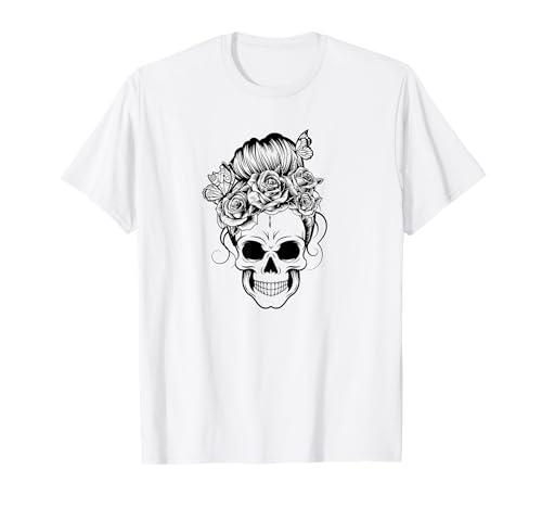 Totenkopf-Shirts für Damen, Totenzucker, Totenkopf, Messy Bun, Halloween T-Shirt von Womens Sugar Skull Shirts Cool Floral Skull Gifts